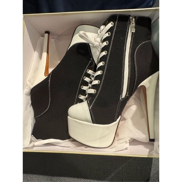 Richealnana Women's canvas Platform Lace Up Stiletto Heel Fashion Sneaker Boots - Picture 2 of 8